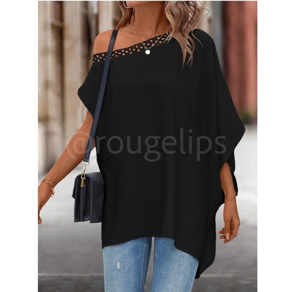 Guipure Trim Off Shoulder Black Loose Fitting Flowy Blouse Top - Picture 3 of 7